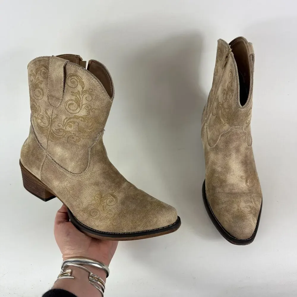 Roper Short Stuff Ankle Boots Women's 10 Brown Embossed Leather Snip Toe Casual